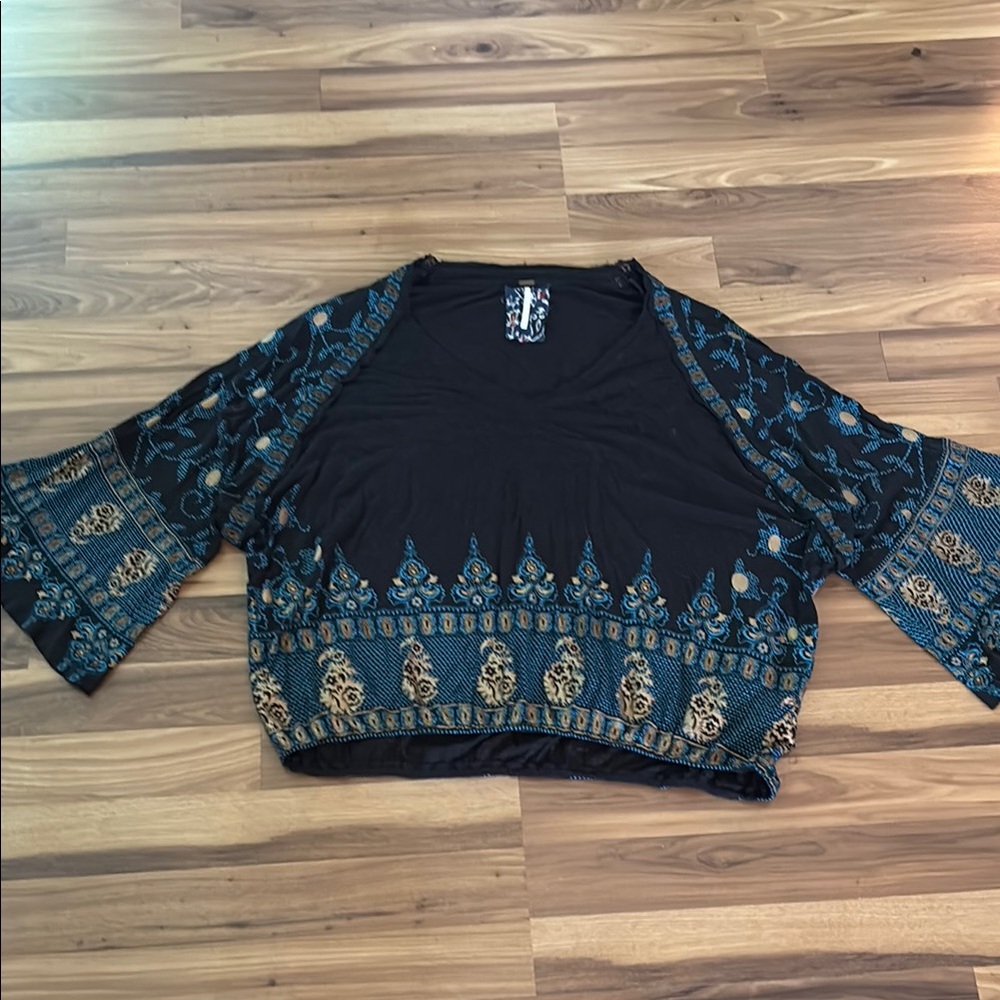 Free People Black and Blue Bell Sleeve Crop Blouse